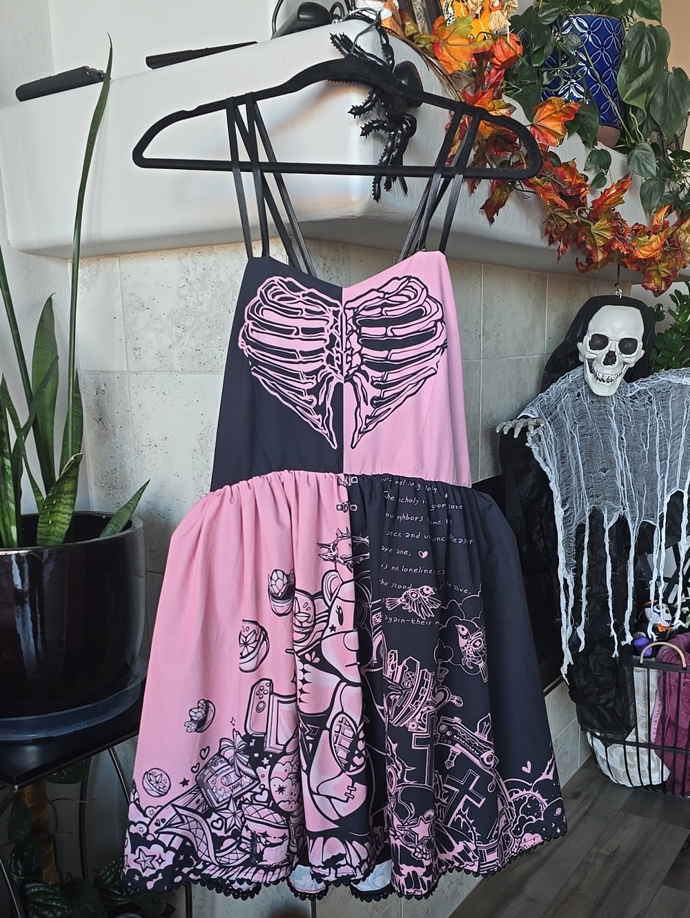 Womans Pink & Black Gothic Skeleton Heart Dress